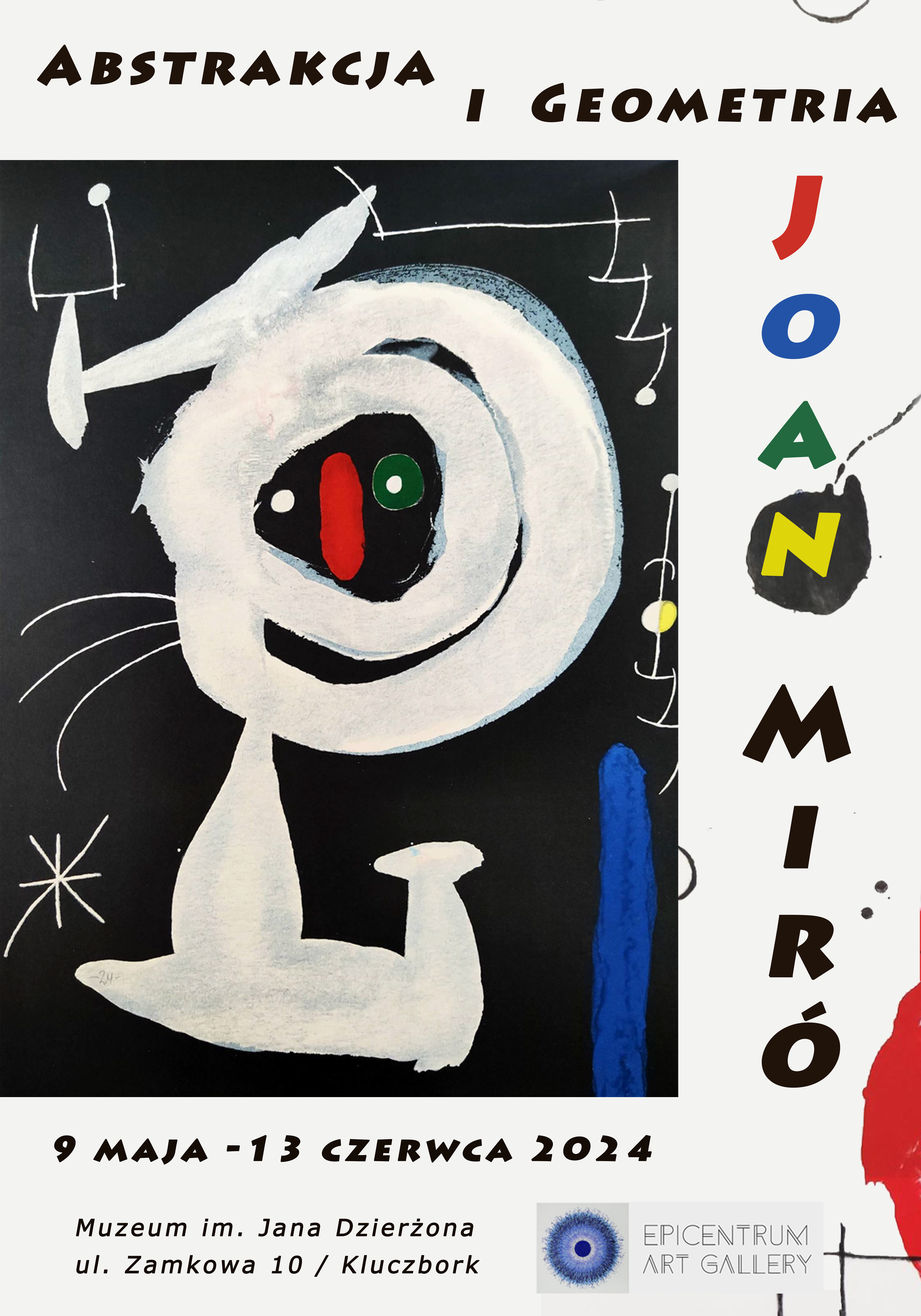 ABSTRAKCJA I GEOMETRIA - na plakacie litografia artysty "Kompozycja", na czarnym tle kręgi, linie, kształty geometryczne w kolorach: białym, niebieskim, zielonym, czerwonym, żółtym.